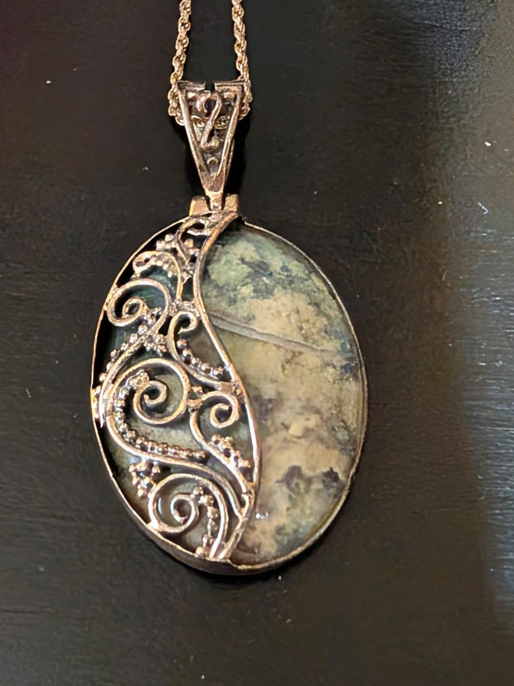 Sterling Silver Filigree and Green Jasper or Agate Oval Pendant Necklace